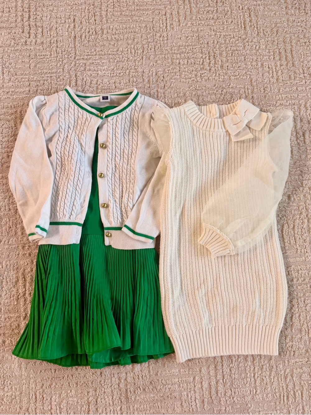 Janie and Jack Green Pleated Dress with Ivory Cardigan Set